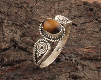 Handgemachte Tigerauge Sterling Silber Ring, Oval Edelstein Schmuck