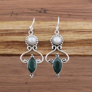 Pearl & Green Jade Dangle Earrings, Sterling Silver Boho Jewelry, Handmade Birthstone Earrings, Vintage Style Gemstone Jewelry for Her