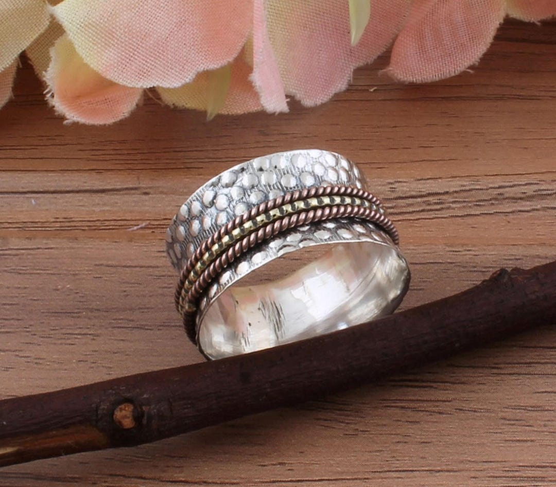 Wide Band Sterling Silver Spinner Ring | Dual Tone Fidget Ring - Etsy