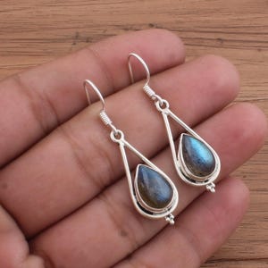 Labradorite Teardrop Dangle Earrings – 925 Sterling Silver Handmade Gemstone Jewelry, Boho Drop Earrings, Natural Gemstone Gift for Her