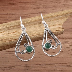 Green Jade Dangle Earrings, Boho Teardrop Earrings with Floral Detailing, Handmade Sterling Silver Vintage Style Drop Jewelry for Women Gift