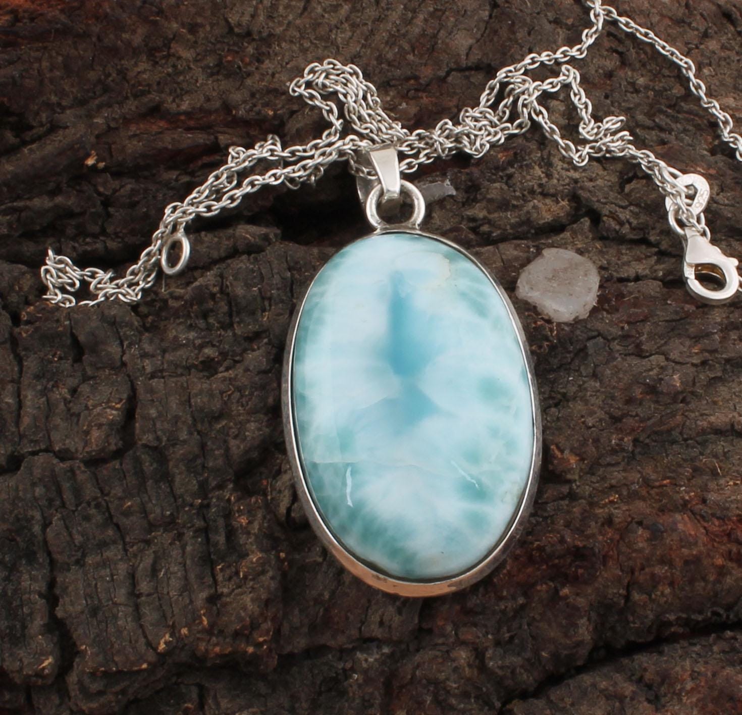 Pendentif En Argent 925 Avec Larimar Bleu Naturel - Fait Main - Environ 5 Cm - Neuf Sans Emballage