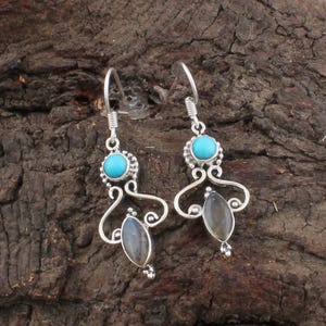 Turquoise & Labradorite Dangle Earrings – Sterling Silver Boho Earrings – Handmade Jewelry – Vintage Style Gemstone Earrings for Her