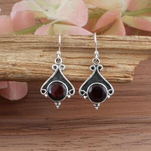 Red Garnet Earrings, Sterling Silver Dangle Earrings, Round Cut Gemstone Jewelry, Boho Style Gift for Her, Handmade January Birthstone