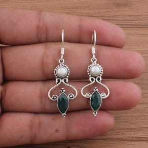 Pearl & Emerald Green Dangle Earrings Sterling Silver Boho Earrings – Handmade Birthstone Jewelry – Vintage Style Gemstone Earrings for Her