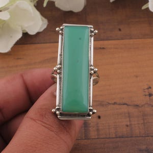Green Onyx Statement Ring – Long Sterling Silver Gemstone Ring, Handmade Boho Silver Jewelry, Bold Vertical Bar Ring for Women