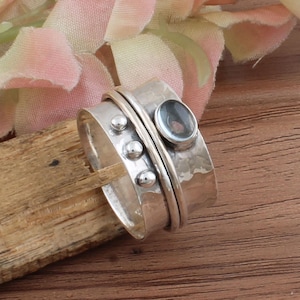 Natural Aquamarine Gemstone Wide Band Meditation Ring – Sterling Silver Spinner Ring –Hand Hammered  Boho Fidget Jewelry for Women Gifts