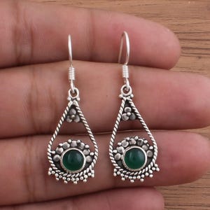 Green Jade Dangle Earrings, Boho Teardrop Earrings with Floral Detailing, Handmade Sterling Silver Vintage Style Drop Jewelry for Women Gift