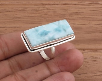 Vintage Larimar-statementring: handgemaakte boho-zilveren sieraden