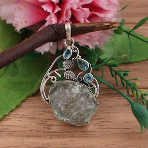 Raw Aquamarine Pendant with Blue Topaz Sterling Silver Leaf Design, Handmade Gemstone Jewelry, Boho Statement Necklace, Gift for Her