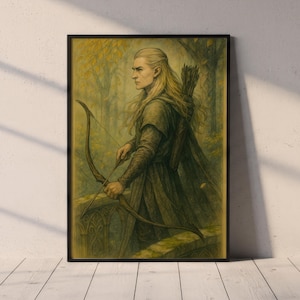 Legolas - Hand-Painted Elf Archer Clipart – Fantasy Warrior Character Illustration for Print and Digital Use