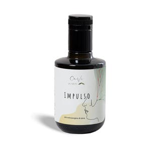May include: A dark, rounded glass bottle of olive oil with a black cap. The label features the word "IMPULSO" in large letters, with the words "Ca Vi Ulieti" above it. A line drawing of a face is on the right side of the label.