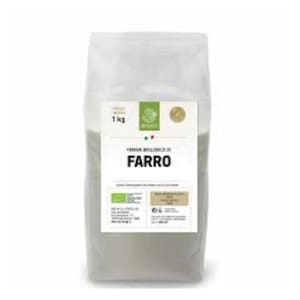May include: A transparent bag of farro flour. The bag features a white label with the word "FARRO" in bold lettering. The label also displays the weight, 1 kg, along with other text and logos.