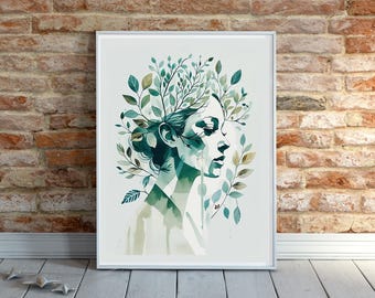 Mother Nature Watercolor Portrait: Botanical Leaves Art Print (Digital Download