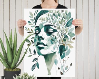 Mother Nature Watercolor Print: Botanical Portrait, Abstract Leaves