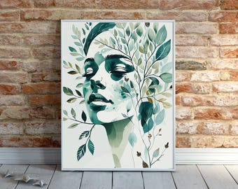Botanical Watercolor Portrait Print: Abstract Leaves Nature Art (Digital Download)