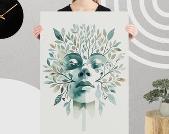 Mother Nature Watercolor Print: Botanical Portrait, Abstract Leaves
