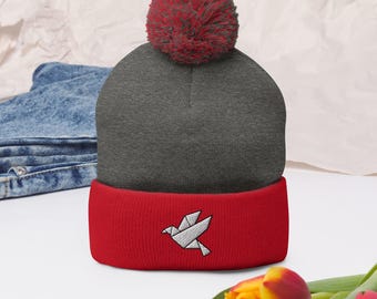Winter Pom Pom Beanie with Origami Dove Embroidery, Bird Lover Gift, Christian Hat