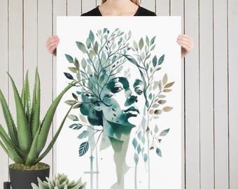 Mother Nature Watercolor Print: Botanical Portrait, Abstract Leaves