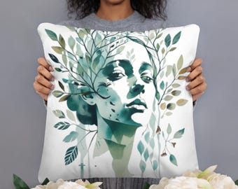 Mother Nature Art Pillow, Botanical Face Throw Pillow with Watercolor Leaves, Nature-Inspired Home Decor
