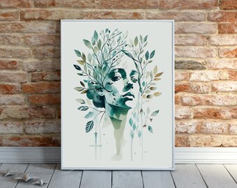 Mother Nature Watercolor Portrait: Botanical Leaves Print (Digital Download)