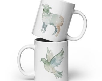 Christian Mug with Lamb and Dove, Symbol of Peace & Faith, White glossy mug