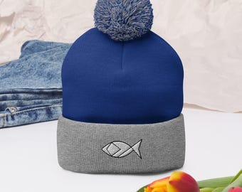 Embroidered Origami Fish Pom Pom Beanie: Winter Knit Hat