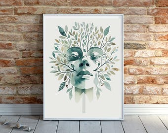 Botanical Watercolor Print: Mother Nature Portrait, Abstract Leaves (Digital Download)