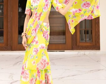 Digital Print Georgette Ruffle Saree, Ready-to-Wear Lehenga