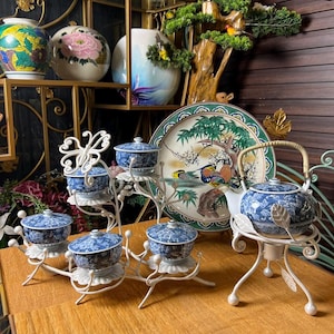 Vintage Japanese Blue Floral Porcelain Tea Set  Hand-Painted Chrysanthemum Motif with Bamboo Handle  Asian Ceramic Teapot & Lidded Tea Cups