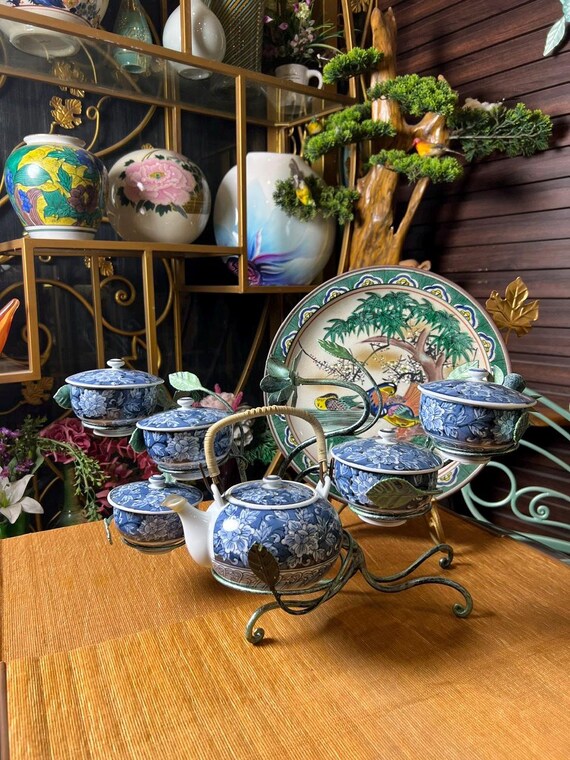 青色の竹模様陶器花瓶 深川製 竹の葉模様 花瓶 深川製 竹