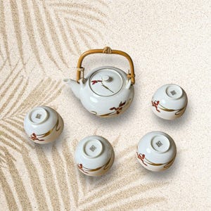 Vintage Japanese Floral Porcelain  Tea Set with Hand-Painted Red Orchid Design – Ceramic Teapot with 4 Matching Cups