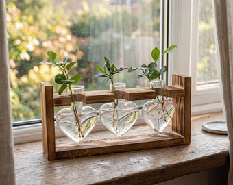 European Style Hydroponic Glass Vase, Wooden Frame Plant Holder, Propagation Station, Desktop Planter, Minimalist Home Decor