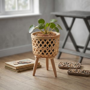 Soporte para plantas de ratán tejido a mano, soporte para macetas trípode estilo bohemio, cesta de madera para plantas, soporte para macetas de interior y balcón, decoración rústica para el hogar.