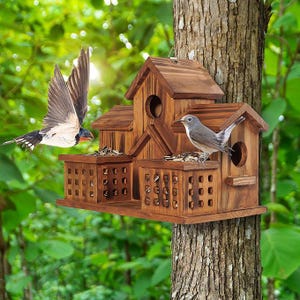 Bird Houses for Outside with Bird Feeder, Outdoor 3 Hole Bird House, Bluebird Finch Cardinals, Hanging Birdhouse for Garden.