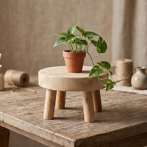 May include: A small, round, light-colored wooden plant stand with three legs. A terracotta pot with a green plant sits on top. The stand is on a rustic wooden table, creating a natural, earthy aesthetic.