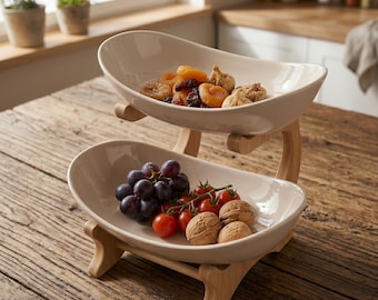 2 Tier Bamboo Fruit Bowl Stand, Kitchen Counter Organizer, Dessert Display Rack