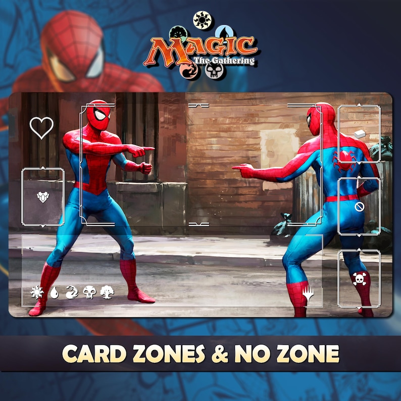 Puede incluir: Una alfombrilla de juego de Magic: The Gathering con Spider-Man se&ntilde;al&aacute;ndose a s&iacute; mismo. La alfombrilla tiene una combinaci&oacute;n de colores azul y rojo, con zonas de cartas y el texto "CARD ZONES & NO ZONE" en la parte inferior. El logotipo de Magic: The Gathering est&aacute; en la parte superior.
