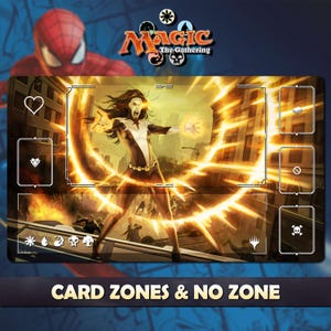 May include: A Magic: The Gathering playmat featuring a dynamic illustration of a female character with fiery energy effects. The mat has designated card zones and the text "CARD ZONES & NO ZONE" at the bottom. The background includes a cityscape and the Magic: The Gathering logo.
