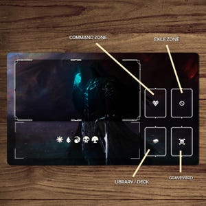 Puede incluir: Una alfombrilla de juego rectangular negra con una ilustraci&oacute;n de fantas&iacute;a oscura y zonas etiquetadas: Command Zone, Exile Zone, Library/Deck y Graveyard. La obra de arte presenta una figura encapuchada con un orbe azul brillante.