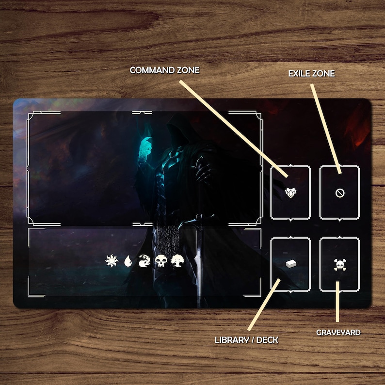 Puede incluir: Una alfombrilla de juego rectangular negra con una ilustraci&oacute;n de fantas&iacute;a oscura y zonas etiquetadas: Command Zone, Exile Zone, Library/Deck y Graveyard. La obra de arte presenta una figura encapuchada con un orbe azul brillante.