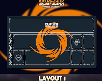 May include: A dark blue Riftbound League of Legends trading card game playmat. The mat features an orange spiral design and various zones for cards, including Rune Deck, Main Deck, and Trash. The text "LAYOUT 1" is at the bottom.
