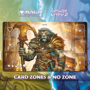Op de afbeelding: Een rechthoekige speelmat met een leeuwachtige krijger met een gouden wapen, tegen een bosachtergrond. De mat bevat kaartzones en de tekst "CARD ZONES & NO ZONE". De logo's Magic: The Gathering en Lorwyn Eclipsed zijn zichtbaar.