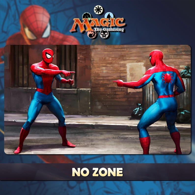 Puede incluir: Una carta de Magic: The Gathering con dos figuras de Spider-Man se&ntilde;al&aacute;ndose en una escena callejera. La carta tiene un esquema de color azul y rojo, con el texto "NO ZONE" en la parte inferior.