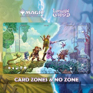 Op de afbeelding: Een Magic: The Gathering speelmat met artwork uit de Lorwyn Eclipsed set. De mat toont een fantasielandschap met verschillende personages en de tekst "CARD ZONES & NO ZONE". Het kleurenpalet bevat groen, blauw en paars.