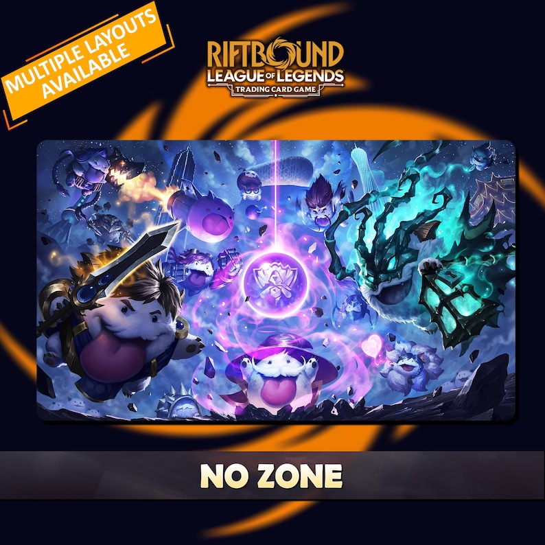 Op de afbeelding: Een rechthoekige speelmat met een levendige illustratie van personages uit het "League of Legends" trading card game. De mat heeft een donkere achtergrond met de tekst "NO ZONE" onderaan. De linkerbovenhoek heeft de tekst "MULTIPLE LAYOUTS AVAILABLE".