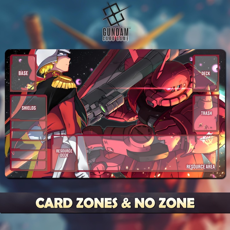 Puede incluir: Una alfombrilla de juego de cartas Gundam con un robot rojo y blanco y un personaje con uniforme rojo. La alfombrilla tiene zonas etiquetadas como "Base", "Shields", "Resource Deck", "Deck", "Trash" y "Resource Area". El texto "CARD ZONES & NO ZONE" est&aacute; en la parte inferior.