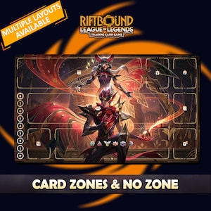 Könnte beinhalten: Riftbound League of Legends Spielmatte. Die Matte zeigt eine detaillierte Illustration von zwei Charakteren mit roten und goldenen Akzenten. Der Text enthält "Multiple Layouts Available" und "Card Zones & No Zone".