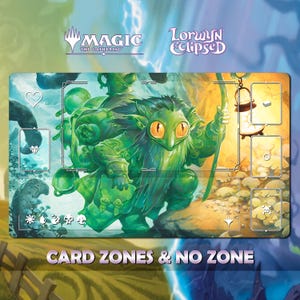 May include: A rectangular playmat for Magic: The Gathering, featuring a green goblin-like creature with orange eyes. The mat has card zones and the text "CARD ZONES & NO ZONE". The Magic: The Gathering and Lorwyn Eclipsed logos are visible.