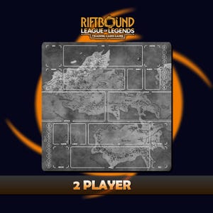 May include: A gray 2-player trading card game playmat with a map design. The mat features the "Riftbound League of Legends" logo and includes numbered areas and text that reads "2 PLAYER".